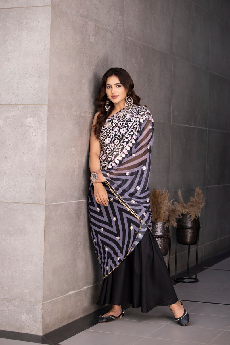 Buy W Black Solid Polyester Round Neck Women's Predrape Saree Style Dress |  Shoppers Stop